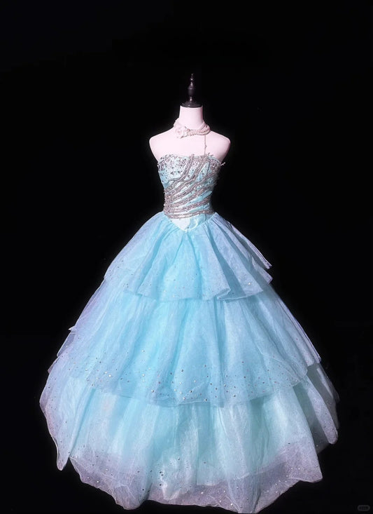 Shiny Strapless Swarovski Crystal Phinestone Tiered Tulle Pleated Ball Gown Evening Dress Prom Dress  D1804