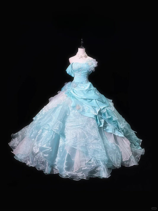 Elegant One Shoulder Rhinestone Handmade Flower Organza Tiered Pleated Ball Gown Prom Dress Quinceanera Dress Party Dress D1806
