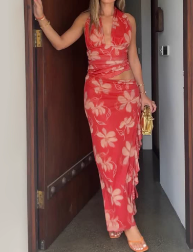 Vintage Printed V-neck Halter Ruffle Two-piece Set Summer Dress Women Dress D1808
