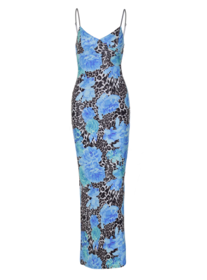 Fashion Spaghetti Straps Blue Rose Leopard Print Sheath Seaside Vacation Dress Summer Dress  D1815
