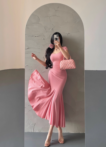 Pretty Short Sleeve Sheath Fold Ankle Length Mermaid Dress Summer Dress Party Dress Women Dress  D1821