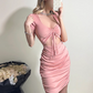 Sweet Short Sleeve V-Neck Lace-up Fold Short Skirt Summer Dress Party Dress Women Dress D1824