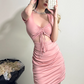 Sweet Short Sleeve V-Neck Lace-up Fold Short Skirt Summer Dress Party Dress Women Dress D1824