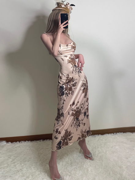 Fashion Spaghetti Straps Backless Priting Ankle Length Skirt Summer Dress Party Dress Women Dress D1825