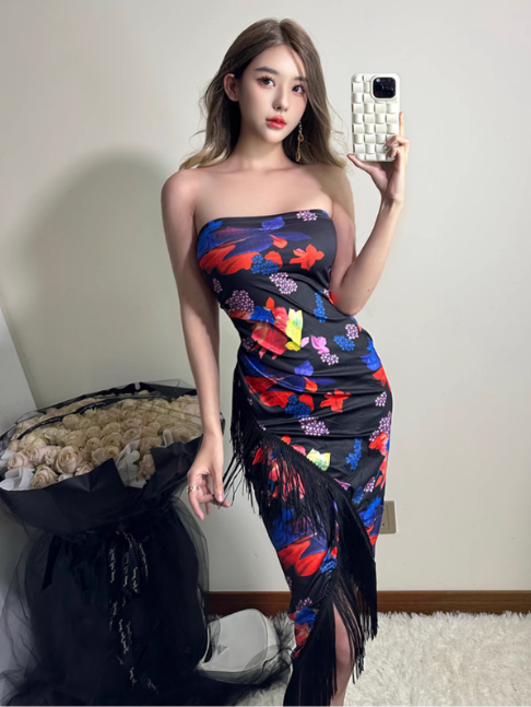 Sexy Strapless Priting Tassel Halter Long Skirt Party Dress Summer Dress Women Dress D1826