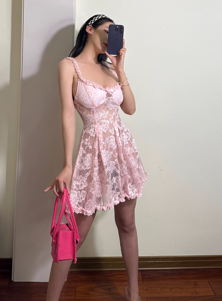 Sexy Pleated Straps A Line Lace Tulle Mini Skirt Summer Seaside Dress Party Dress Women Dress D1828