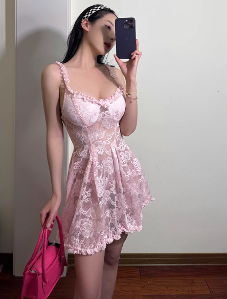 Sexy Pleated Straps A Line Lace Tulle Mini Skirt Summer Seaside Dress Party Dress Women Dress D1828