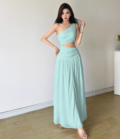 Fashion One Shoulder Pleated Long Dating Dress Summer Vacation Dress Women Dress D1830