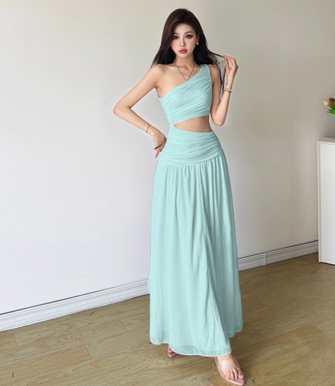 Fashion One Shoulder Pleated Long Dating Dress Summer Vacation Dress Women Dress D1830