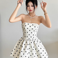 Cute A Line Strapless Polka Dots Pleated Short Dating Dress Summer Dress Party Dress Women Dress with Bowknot D1831
