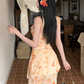 Cute Spaghetti Straps Priting Pleated Slim Waist Summer Seaside Dress Party Dress Women Dress  D1835