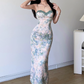 Elegant Spaghetti Strap Lace Neck Sheath Floral Print Vacation Vibes Long Dress Summer Dress Women Dress  D1838