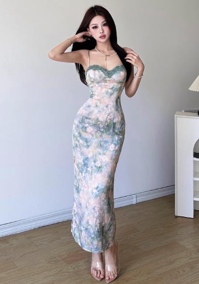 Elegant Spaghetti Strap Lace Neck Sheath Floral Print Vacation Vibes Long Dress Summer Dress Women Dress  D1838