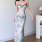 Elegant Spaghetti Strap Lace Neck Sheath Floral Print Vacation Vibes Long Dress Summer Dress Women Dress  D1838