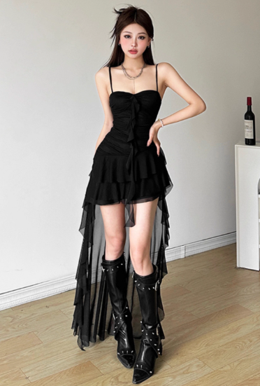Minimalist Hi-Lo Spaghetti Straps Pleated Asymmetric Ruffle Hem Casual Chic Dress Dating Dress Summer Dress  D1839