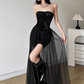 Minimalist Shiny Black Strapless Pleated Tiered Tulle Dress Dating Dress Party Dress Summer Dress Women Dress  D1841