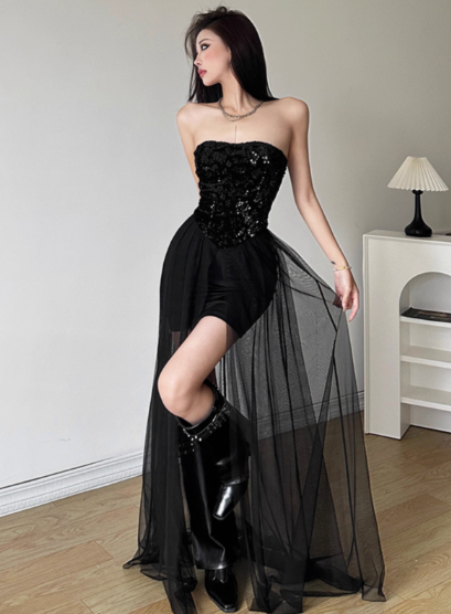 Minimalist Shiny Black Strapless Pleated Tiered Tulle Dress Dating Dress Party Dress Summer Dress Women Dress  D1841