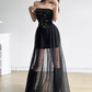 Minimalist Shiny Black Strapless Pleated Tiered Tulle Dress Dating Dress Party Dress Summer Dress Women Dress  D1841