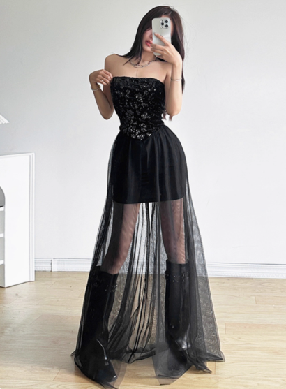 Minimalist Shiny Black Strapless Pleated Tiered Tulle Dress Dating Dress Party Dress Summer Dress Women Dress  D1841