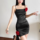 Pretty Spaghetti Straps 3D Rose Pleated Women Dress Slimming Short Skirt Summer Party Dress D1842