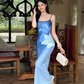 Holiday Style Spaghetti Straps Gradient Slim Fit Printing Seaside Dress Women Dress Dating Dress D1844