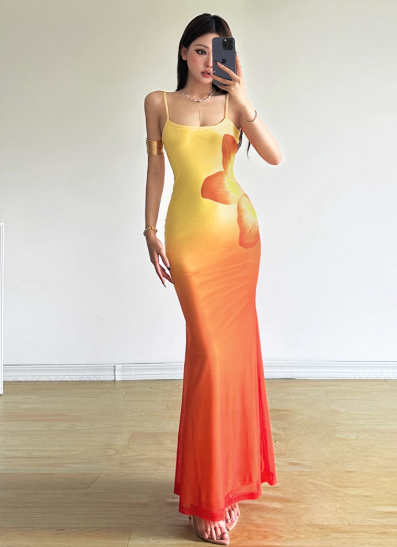 Holiday Style Spaghetti Straps Gradient Slim Fit Printing Seaside Dress Women Dress Dating Dress D1844