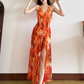 Summer Seaside Halter Printing Ruffle Long Dress Women Dress Dating Casual Chic Dress  D1845