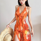 Summer Seaside Halter Printing Ruffle Long Dress Women Dress Dating Casual Chic Dress  D1845