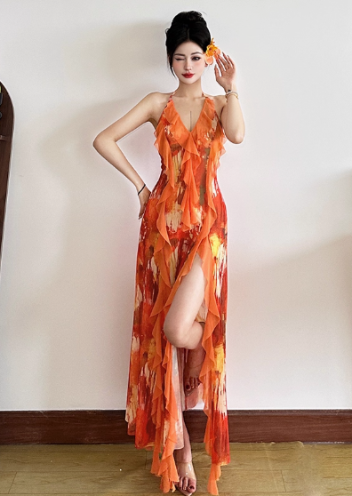 Summer Seaside Halter Printing Ruffle Long Dress Women Dress Dating Casual Chic Dress  D1845
