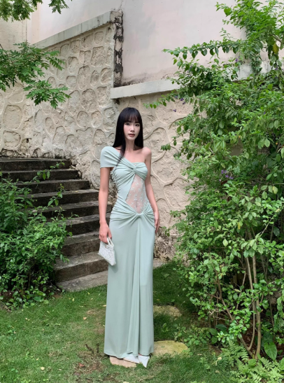 Sexy Seaside Holiday One Shoulder Pleated Lace Niche French Maxi Dress Women Dress Summer Dating Dress   D1847