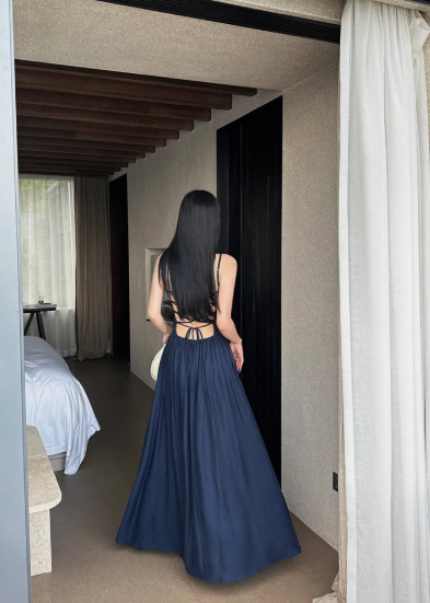 Beach Vacation Spaghetti Straps Backless Lace-up Pleated Long Dress High - Slit Skirt Dress Women Summer Dress   D1848