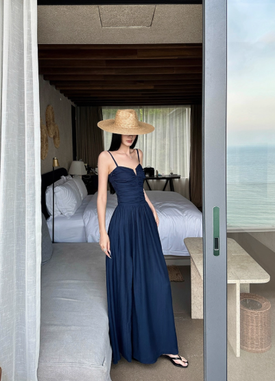 Beach Vacation Spaghetti Straps Backless Lace-up Pleated Long Dress High - Slit Skirt Dress Women Summer Dress   D1848
