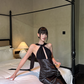 French Chic Halter Pleated Ankle Length Skirt Evening Dress Birthday Party Dress Cocktail Dress   D1849