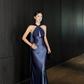 French Chic Halter Pleated Ankle Length Skirt Evening Dress Birthday Party Dress Cocktail Dress   D1849
