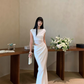 Sexy White Pleated Slim-fitting Waist-baring Mermaid Dress Women Summer Dress Dating Dress   D1850