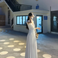 Elegant Lace V-neck Pleated Slim Fit Long Skirt Women Summer Dress Dating Dress   D1851