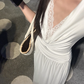 Elegant Lace V-neck Pleated Slim Fit Long Skirt Women Summer Dress Dating Dress   D1851