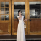 Elegant Lace V-neck Pleated Slim Fit Long Skirt Women Summer Dress Dating Dress   D1851