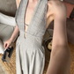 Fashion Suspender V-neck Backless Pleated Polka Dot Maxi dress Women Summer Date Dress   D1852