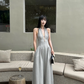 Fashion Suspender V-neck Backless Pleated Polka Dot Maxi dress Women Summer Date Dress   D1852