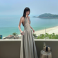 Fashion Suspender V-neck Backless Pleated Polka Dot Maxi dress Women Summer Date Dress   D1852