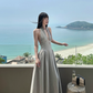 Fashion Suspender V-neck Backless Pleated Polka Dot Maxi dress Women Summer Date Dress   D1852