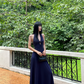French A Line Lace V-neck Halter Backless Pleated Seaside Holiday Female Long Dress Date Dress  D1853