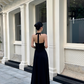 French A Line Lace V-neck Halter Backless Pleated Seaside Holiday Female Long Dress Date Dress  D1853