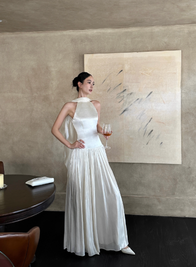Elegant Halter Backless Pleated Ankle Length Women Birthday Party Dress Date Dress   D1854