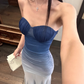 Elegant Sweetheart Neck Gradient Blue Pleated Slim Fit Waist Mermaid Maxi Dress Women Summer Dress  D1856