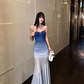 Elegant Sweetheart Neck Gradient Blue Pleated Slim Fit Waist Mermaid Maxi Dress Women Summer Dress  D1856
