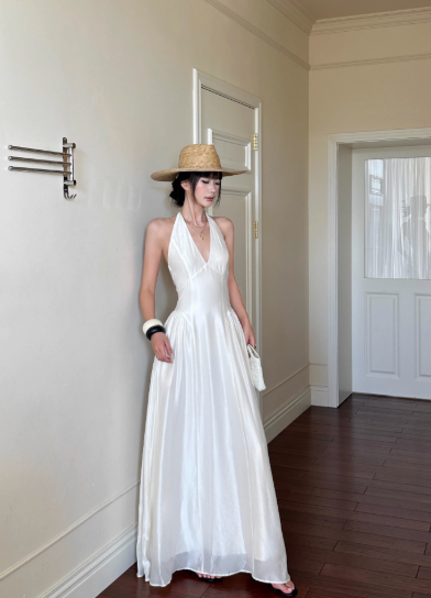 Elegant A Line Halter Lace-up with Bowknot Fold Tiered Long Skirt Women Summer Dress  D1857