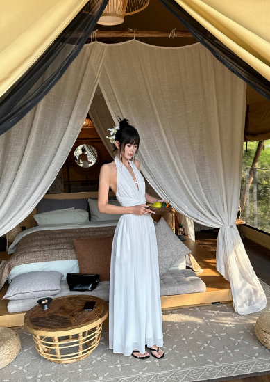 Elegant A Line Chiffon Halter V-neck Fold Slim Fit Women Summer Long Skirt Date Dress D1858