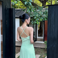 French A Line Spaghetti Straps V Neck Backless Pleated Seaside Vacation Dress Women Summer Long Dress D1859